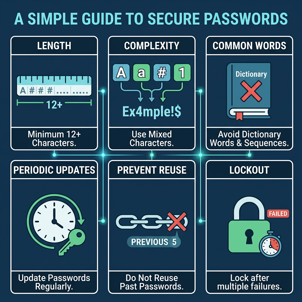 Illustration showing six key secure password policy concepts: password length, character complexity, avoiding common phrases, password rotation, no reusing passwords, and account lockout.