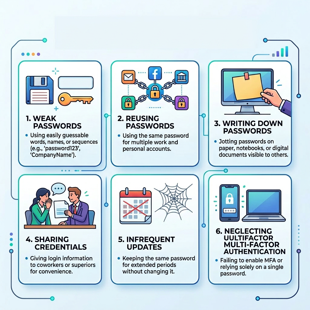 Six key password security mistakes including weak, reused, written down, shared, infrequently updated passwords, and neglecting multifactor authentication.