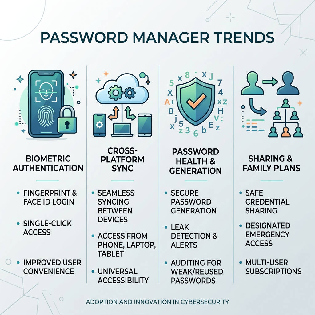 Password manager trends including biometric authentication, cross-platform sync, password health and generation, and sharing and family plans