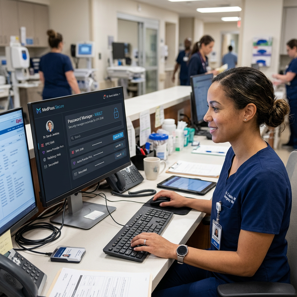 Nurse using password manager software on hospital workstation computer